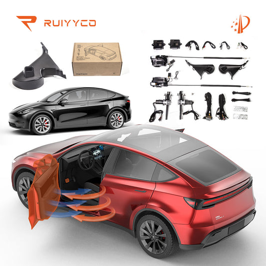 Ruiyyco Tesla Model Y electric power door kit — full kit components layout with red Model Y showing automatic door open motion