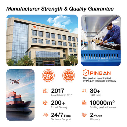 Manufacturer strength and quality guarantee: RUIYYCO factory established 2017, ISO 9001 and IATF 16949 certified, 30+ R&D team, 200+ export countries, 10000 sqm production area, 24/7 technical support and 2 year warranty