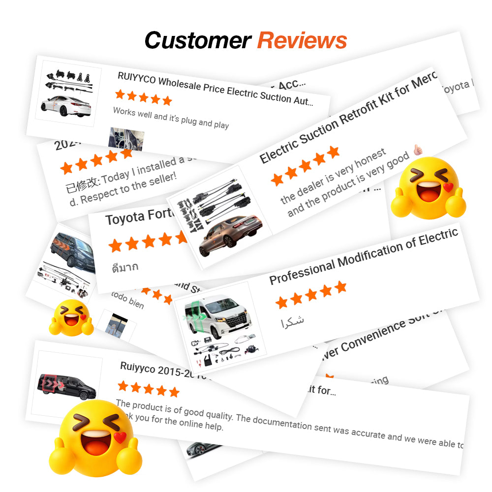 Customer reviews collage showing five-star feedback for RUIYYCO electric power sliding and suction door retrofit kits, praising plug and play installation, product quality and seller support
