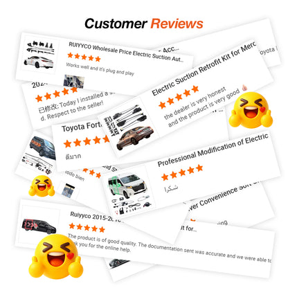 Customer reviews collage showing five-star feedback for RUIYYCO electric power sliding and suction door retrofit kits, praising plug and play installation, product quality and seller support