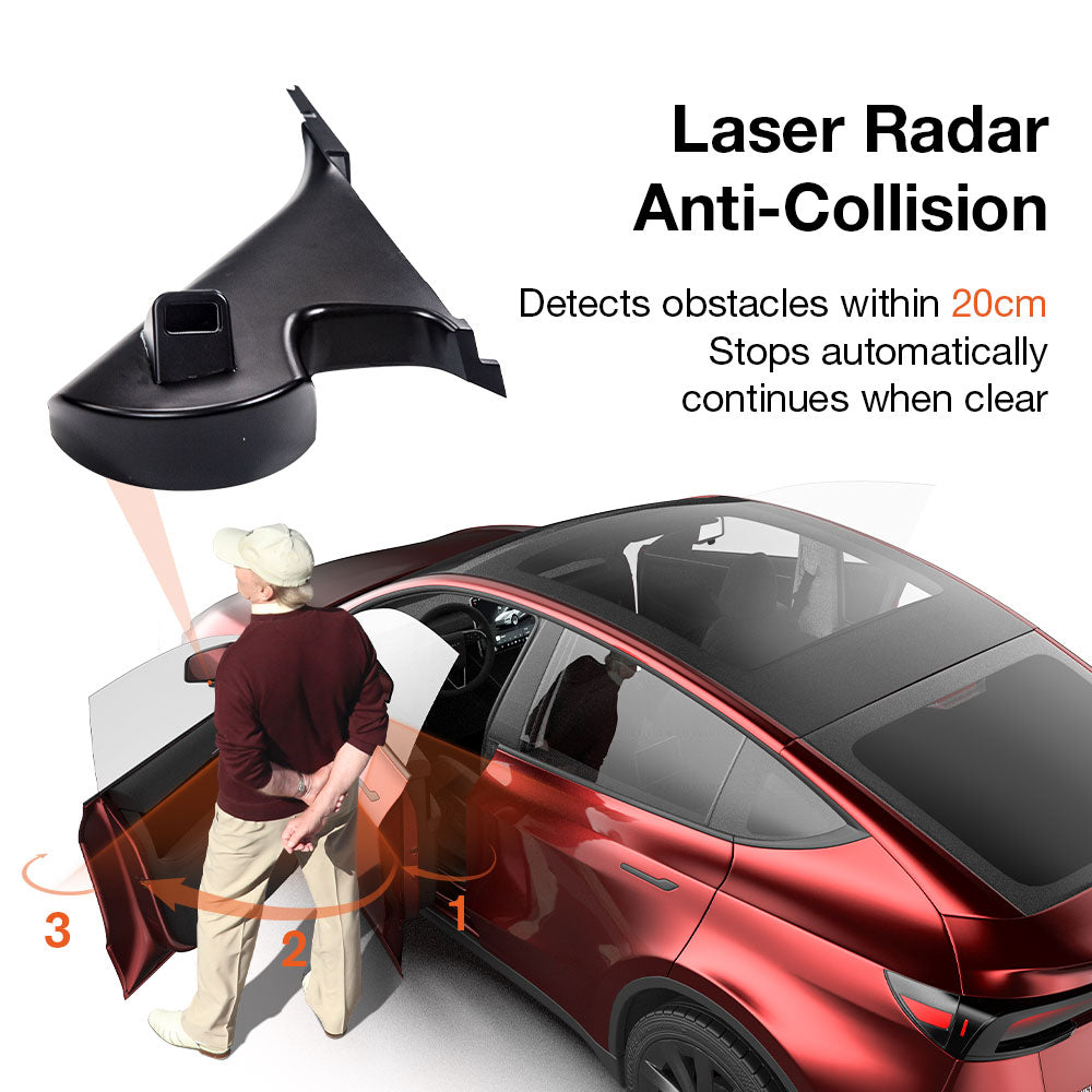 Laser radar anti-collision module for Tesla Model Y power door kit — detects obstacles within 20cm, stops automatically and continues when clear