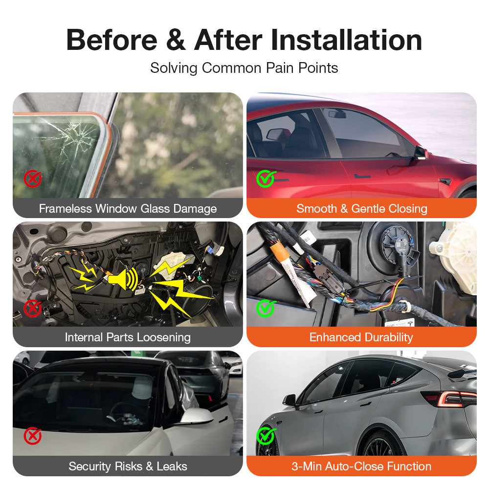 Before and after installation comparison for Tesla Model Y power door kit — eliminates frameless window glass damage, internal parts loosening, security risks and leaks; enables smooth closing and 3-min auto-close
