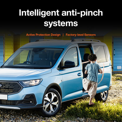 Smart anti-pinch safety test on Ford Tourneo Connect: Automatically stops closing to protect children and passengers.