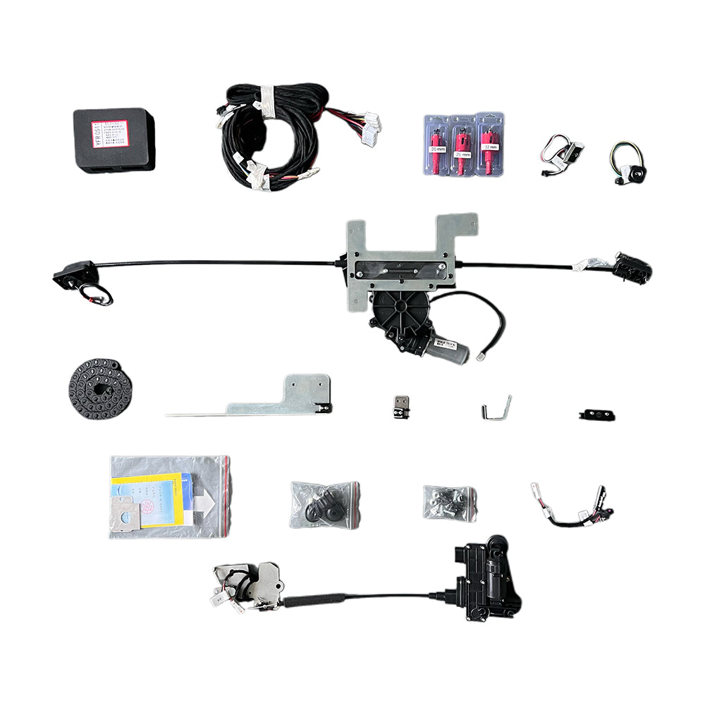 Full component view: Electric motor, ECU, cables, and mounting hardware for Ford Tourneo Connect sliding door upgrade.