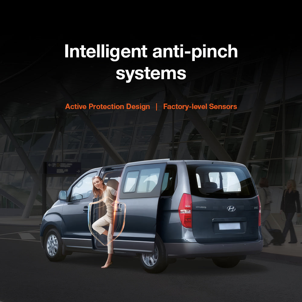 Smart anti-pinch safety system test on Hyundai iLoad / i800 electric sliding door: Automatically stops closing to protect passengers.