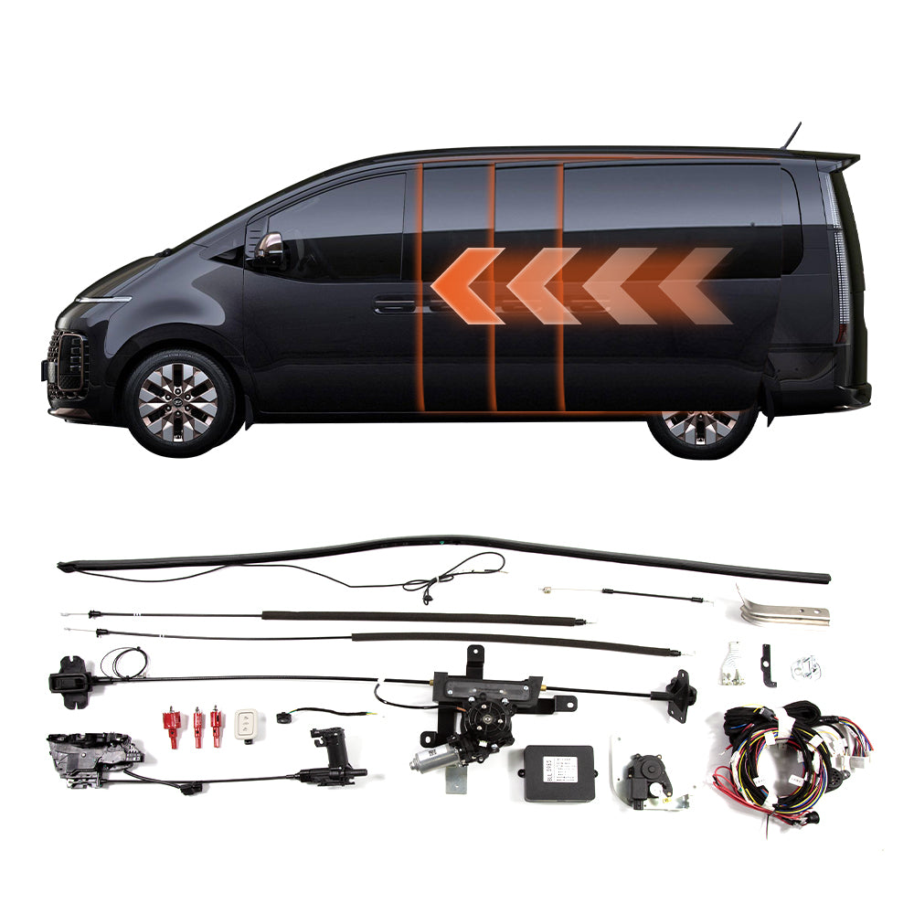 Main view: Hyundai Staria MPV electric power sliding door retrofit kit with full hardware assembly (Motors, ECU, Cables).