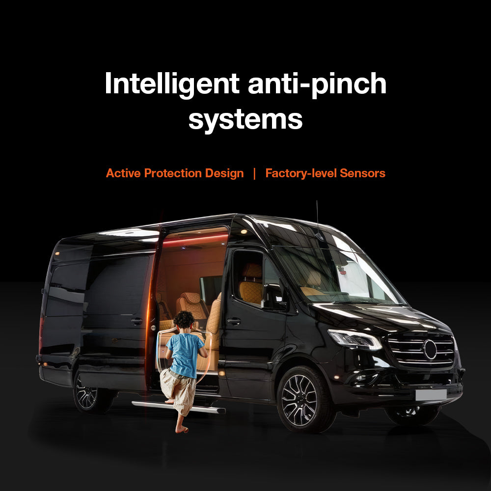 Intelligent anti-pinch safety system test on Mercedes Sprinter VS30 Camper Van: Automatically stops closing when obstacles are detected.