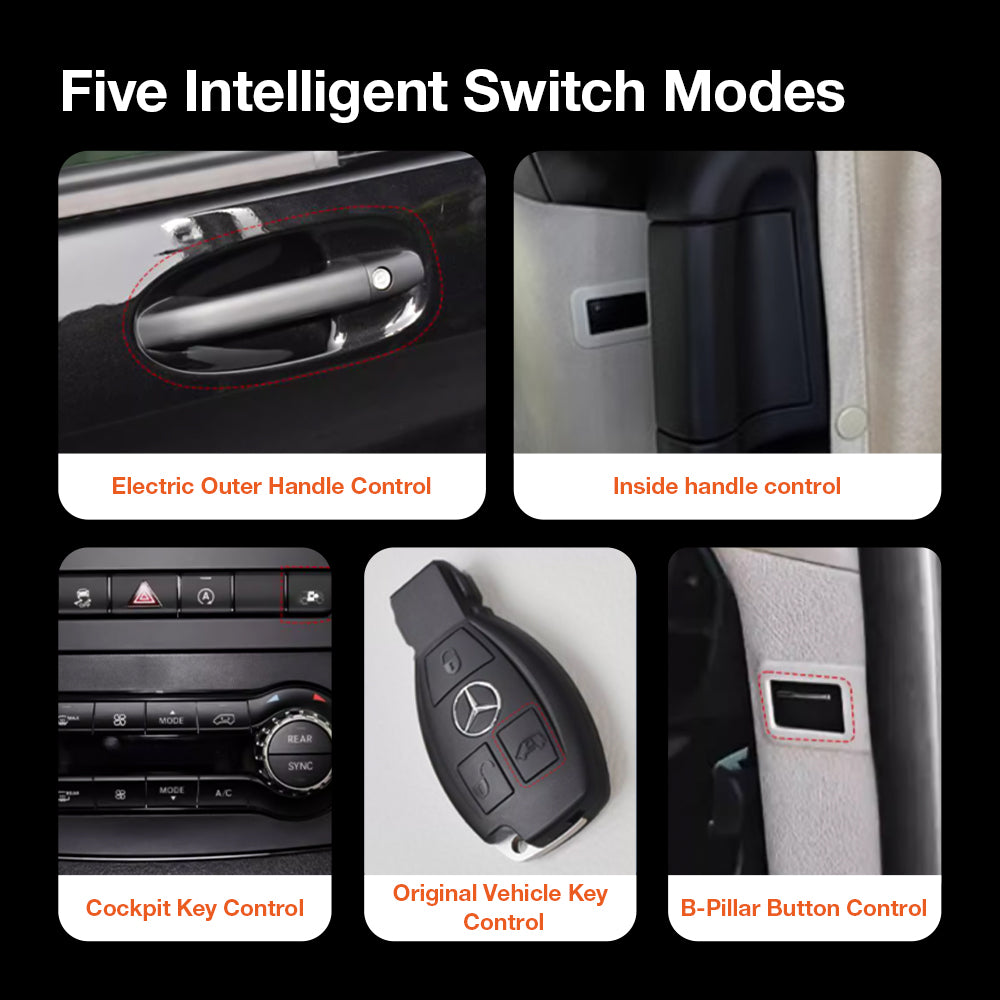 5 intelligent control modes for Mercedes Viano W639 power sliding door: Original key remote, dashboard button, B-pillar switch, and door handles.