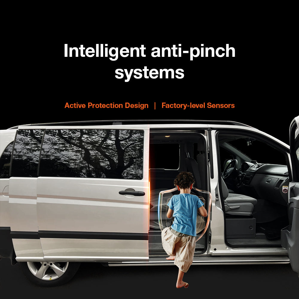 Intelligent anti-pinch safety system test on Mercedes Vito W639: Automatically stops closing when obstacles are detected to protect children.