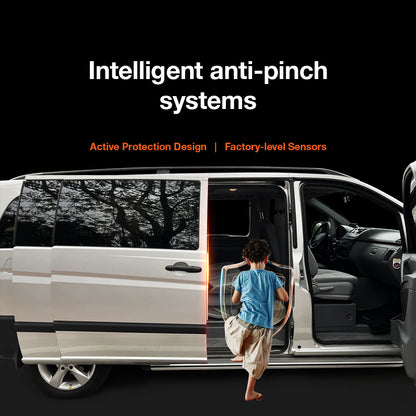 Intelligent anti-pinch safety system test on Mercedes Vito W639: Automatically stops closing when obstacles are detected to protect children.