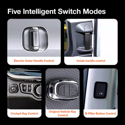 5 intelligent control modes for Toyota HiAce 200 Series power sliding door: Original key remote, dashboard button, B-pillar switch, and door handles.