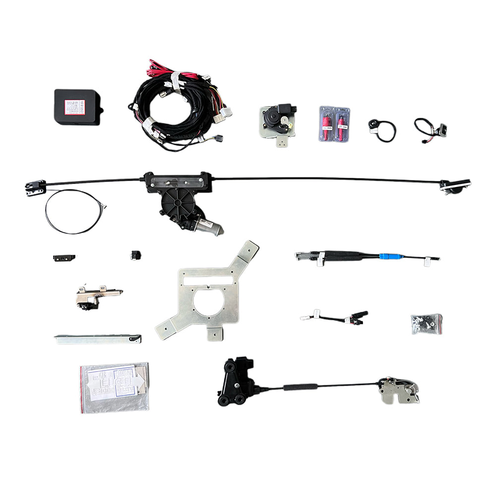 Full component view: Electric motor, ECU, cables, and mounting hardware for VW Transporter T5/T6 sliding door upgrade.