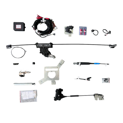 Full component view: Electric motor, ECU, cables, and mounting hardware for VW Transporter T5/T6 sliding door upgrade.